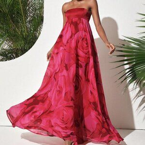 Red Preppy Women's Strapless Maxi Dress With Big Flower Print